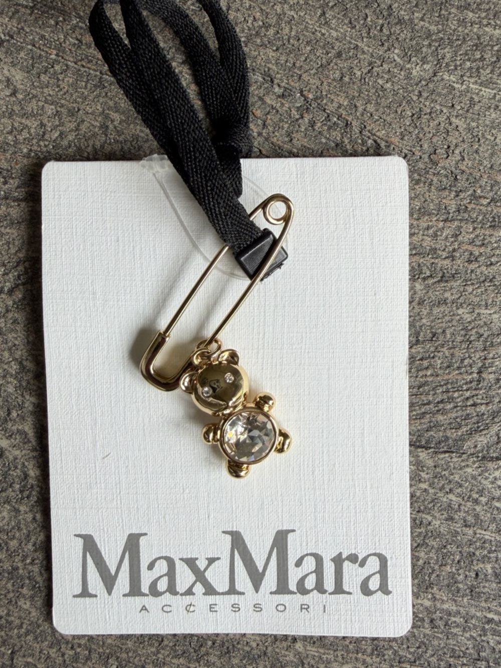 MaxMara Gold Teddy Bear Pin with Clear Crystal Accent